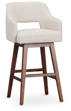 an upholstered bar stool with a wooden frame and fabric seat, on a white background