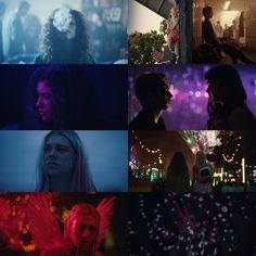 the collage shows people in different scenes, including fireworks and buildings with lights on them