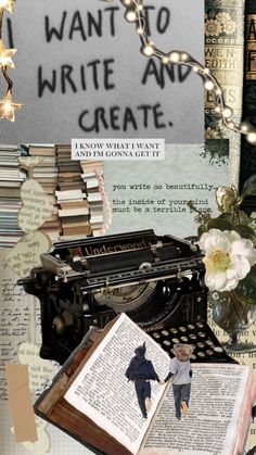 an old fashioned typewriter surrounded by books and paper with the words i want to write and create