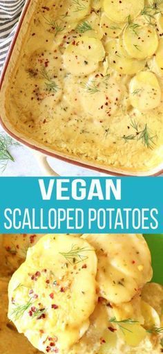 vegan scalloped potatoes in a green casserole dish