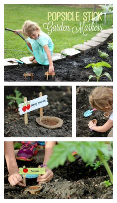 children are playing with garden markers in the dirt and grass, while another child is holding a