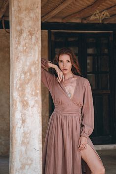 This autumn boho dress is crafted with soft cotton in dusty rose colour. Featuring pleated detail on the waist, this long sleeve maxi dress will give you a perfect silhouette. This is a sophisticated, simple, timeless but also somehow contemporary garment. Wear this dusty rose dress for your leisurely life. This boho dress is available in other colours: Off-White: https://www.etsy.com/listing/887258793 ♡ FABRIC DETAILS ♡ Dusty Rose organically dyed cotton Our experience showed that customers kee Bohemian Bridesmaid Dresses, Rose Gold Boho, Bohemian Dress Long Sleeve, Bohemian Dresses Long, Bridesmaid Dresses Boho, A Line Maxi Dress, Ceremony Dresses, Dusty Rose Dress, Goddess Dress