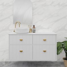 a bathroom vanity with a sink, mirror and potted plant in front of it