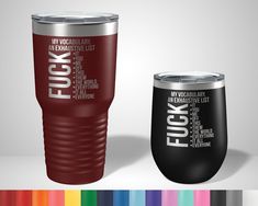 two tumblers with different colors and designs on them, one has the word fluox written