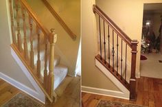 before and after photos of a staircase with wood handrails, carpeted floor