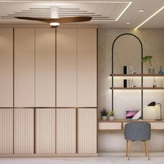 an empty room with shelves, chairs and a chair in the middle is lit by a ceiling fan