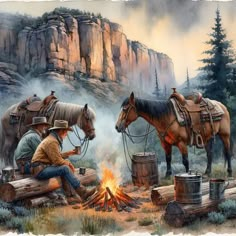 two horses standing next to each other in front of a campfire with logs and barrels