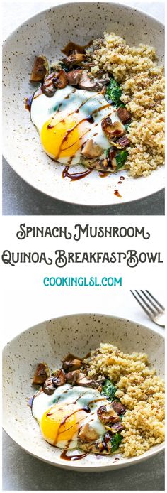 two plates filled with different types of food on top of each other and the words spinach mushroom quinoa breakfast bowl