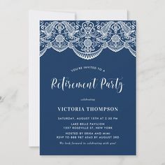 an elegant blue and white retirement party card with lace on the border, in front of a marble background