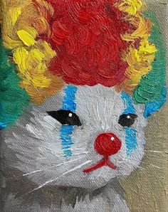 a painting of a white cat with red hair and clown makeup on it's face