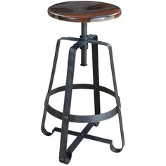 an adjustable stool with wooden seat and metal frame