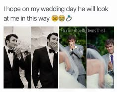 three different pictures of a man and woman in wedding attire, one is holding his nose to the other's mouth