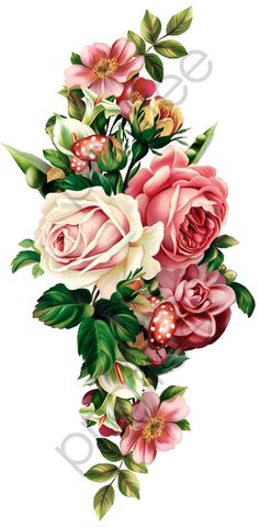 a bouquet of flowers with green leaves and pink roses on the stems, transparent png