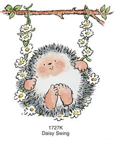 a drawing of a baby hedge hanging from a tree branch with daisies around it