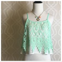 Spotted while shopping on Poshmark: Ice Green Crochet Cami Top! #poshmark #fashion #shopping #style #littlegypsie #Tops Crochet Cami Top, Crochet Cami, Fall Blonde Hair, Geometric Top, Ivory Lace Dress, Green Crochet, Paisley Top, Sheer Shorts, Striped Crop Top