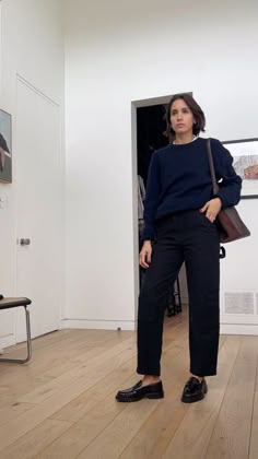 Cassandra Lanrick on Instagram: "Day 11/90 Sweater: @cosstores men’s Pants: @aritzia Shoes: @zara Bag: @jcrew #jcrew#cos#loafers#howtostyle#fallfashion#momstyle#over30style#getreadywithme#blackandnavy" Zara Loafers Outfit, Low Contrast Outfits, Wfh Fits, Loafers Outfit Casual, Black Loafers Outfit, Minimalist Winter Outfit, Contrast Outfit, Zara Loafers, Minimalist Outfits