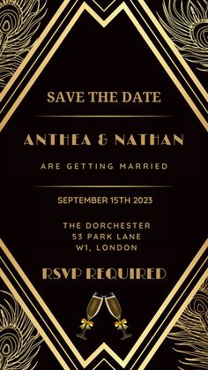 a black and gold save the date card with two champagne glasses in front of an art deco