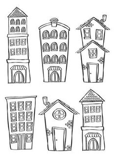 six hand drawn houses with windows and balconies on the top one is black and white