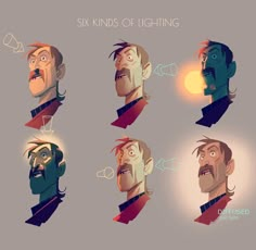 six kinds of lighting in different poses, with one man's head turned to the side