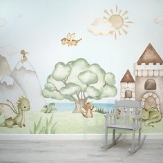 a child's room with a wall mural and rocking chair in the foreground