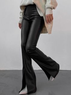 Details Composition: 100% Polyurethane Design: Split Style: Casual Thickness: Regular Sheer: No Material: Faux Leather Occasion: Leisure Size & Fit Pants Length: Long Pants Stretch: Slight Stretch Fit Type: Regular Fit Cm Inch Size Length Hips Waist Inseam XS 100.5 80 66 77 S 102 84 70 78 M 103.5 88 74 79 L 105 92 Split Pants, Bodycon Casual, Leather Pants Women, Jeans Casual, Trouser Pants Women, Oversized Pullover, Ankle Length Pants, Slim Fit Pants, Leather Zipper