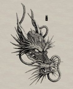 an ink drawing of a dragon head with spikes on it's tail and eyes