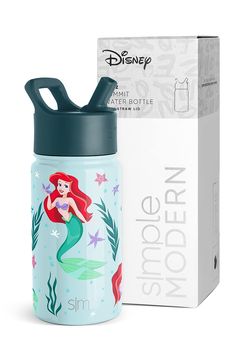 the little mermaid water bottle is next to a box