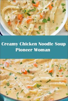 creamy chicken noodle soup in a white bowl