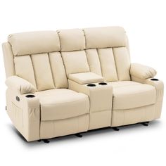 a white leather reclining sofa with two cup holders on the armrests and one end