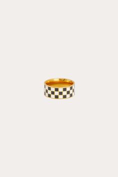 Checkerboard print has taken over everything now including your favorite accessories! thick gold band with black and white checker print around the outside. size 7. Thick Gold Band, Everything Now, Tack Sets, Travel Necessities, Easy Tiger, Checker Print, Margaret Howell, Norse Projects, Surf Shop