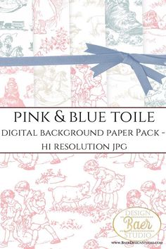 pink and blue toile digital background paper pack - hi resolution jpg by design studio