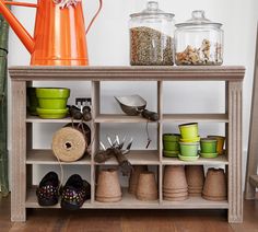 a shelf filled with lots of different types of items