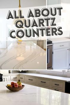 an all about quartz counter top in a kitchen with text overlaying it that says all about quartz counters