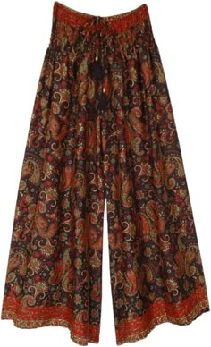 Floral and paisley prints on wide-leg pants which are soft and flowy, and have a smocked waist.  The loose-fit wide-leg printed rayon pants have a comfortable waist that will fit a small to a large. #tlb #SplitSkirtsPants #beachwrap #Printed #bohemianfashion #festivalpants Hippie Flower Pants, Bohemian Wide Leg Bottoms With Paisley Print, Casual Paisley Print Bottoms For Fall, Casual Paisley Print Pants For Fall, Casual Wide Leg Pants With Boho Print, Bohemian Wide-leg Pants With Paisley Print, Bohemian Wide-leg Paisley Print Pants, Bohemian Wide-leg Paisley Pants, Bohemian Wide Leg Ankle-length Pants For Fall