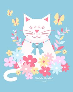 a white cat with flowers and butterflies around it's neck, on a blue background