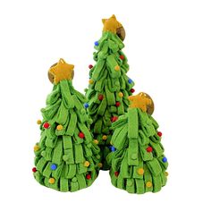 three green christmas trees with gold stars and decorations on them, one is made out of felt