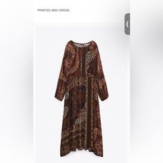 Zara Printed Dress Casual Boho Print Patterned Midi Dress, Chic Boho Print Maxi Dress For Fall, Flowy Viscose Tunic Dress, Elegant Brown Printed Dress, Bohemian Printed Fall Dresses, Bohemian Tunic Dress In Viscose, Casual Tunic Dress For Fall, Brown Printed Long Sleeve Maxi Dress, Printed Long Sleeve Brown Maxi Dress