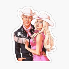 a drawing of a man and woman dressed in western attire sticker on a white background