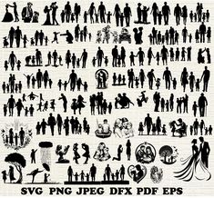 large collection of silhouettes of people and children in various poses, from old to new