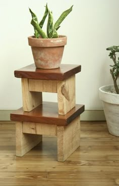 a potted plant sitting on top of a wooden step