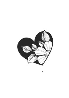 a black and white drawing of a heart with flowers on it's back side