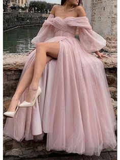 A-Line Prom Dresses Corsets Dress Formal Wedding Party Dress Floor Length Long Sleeve Off Shoulder Tulle with Glitter Ruched Slit 2024 2024 - $196.99 Corset Dress Formal, Minimal Stil, Ben Ben, Robes Glamour, A Line Evening Dress, Corset Dress Prom, A Line Prom Dresses, Dresses Ideas, Pink Tulle