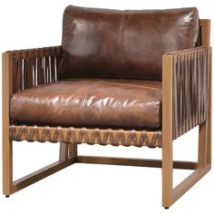 a brown leather chair sitting on top of a wooden frame