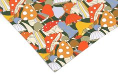 an image of a colorful pattern with umbrellas and mushrooms on the ground in front of white background