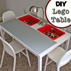 the lego table is set up with chairs