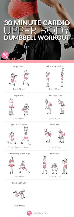 the 30 minute cardio upper body dumbbell workout is shown in red and black