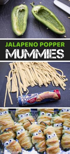 jalapeno popper mummies with googly eyes on them and an image of