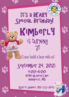 a pink birthday card with a teddy bear on it and paw prints in the background