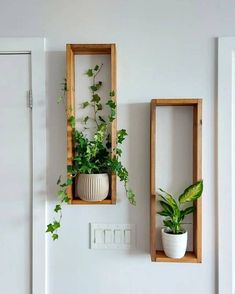 two wooden boxes with plants in them on the wall