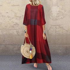 Mujer Vestido informal Vestido maxi Estampado Casual Diario Cuello Barco Manga 3/4 Verano Primavera Rojo Caqui Plaid 2024 - MXN $620.19 Spring Red, Maxi Dress For Women, Elegant Maxi Dress, Vintage Floral Dress, Printed Long Dresses, Half Sleeve Dresses, Vintage Inspired Dresses, Vintage Maxi Dress, Crewneck Dress